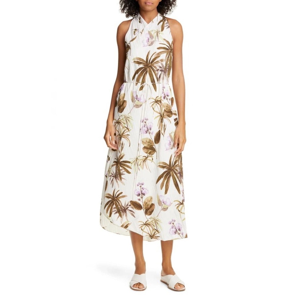 Tropical Floral Vince‎ Womens M Halter Plisse Wrap Midi Dress Cream Purple Palm